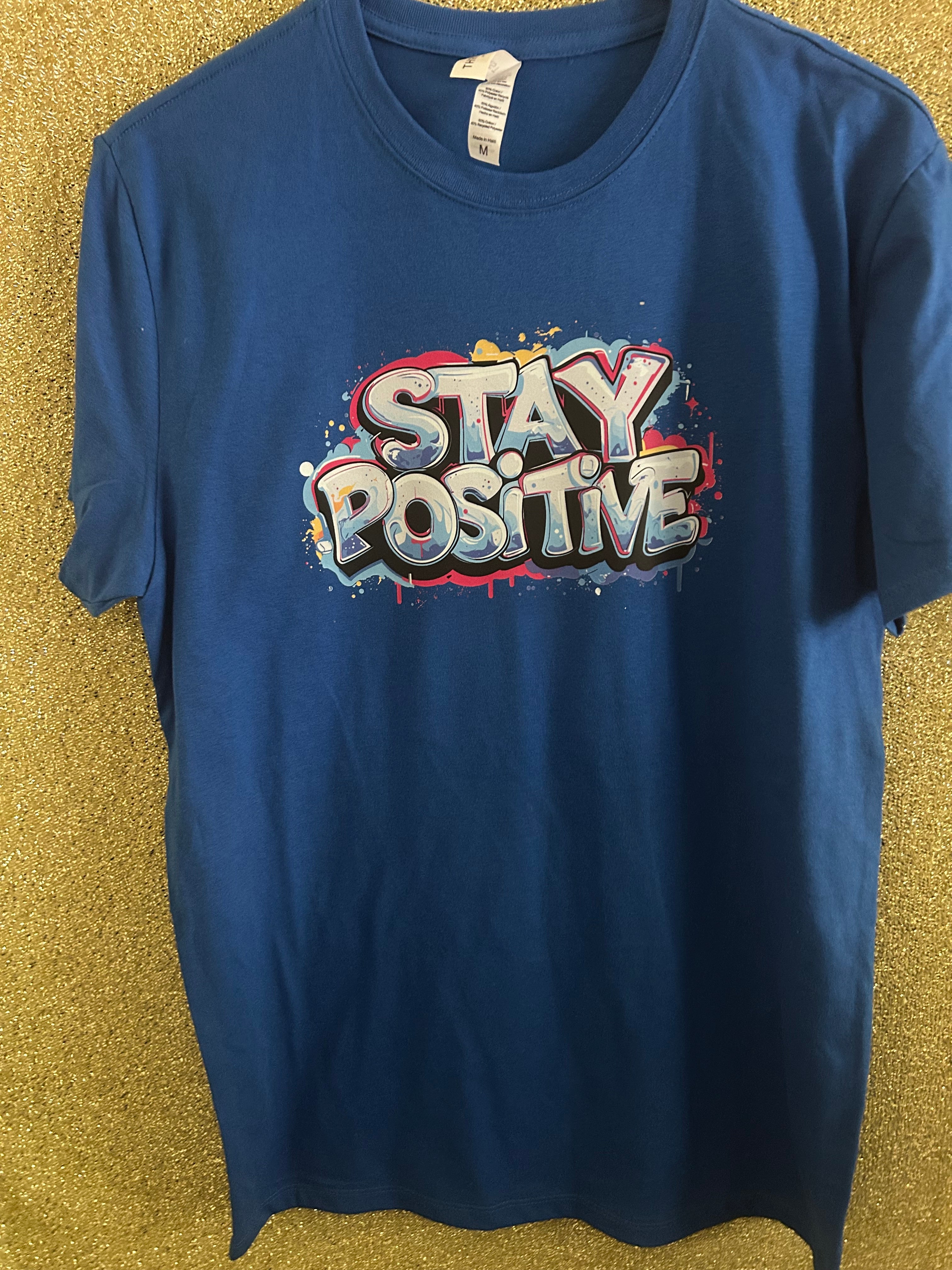 Men's Blue Stay Positive Quote Graphic Crew Neck Short Sleeve T-Shirt Size M
