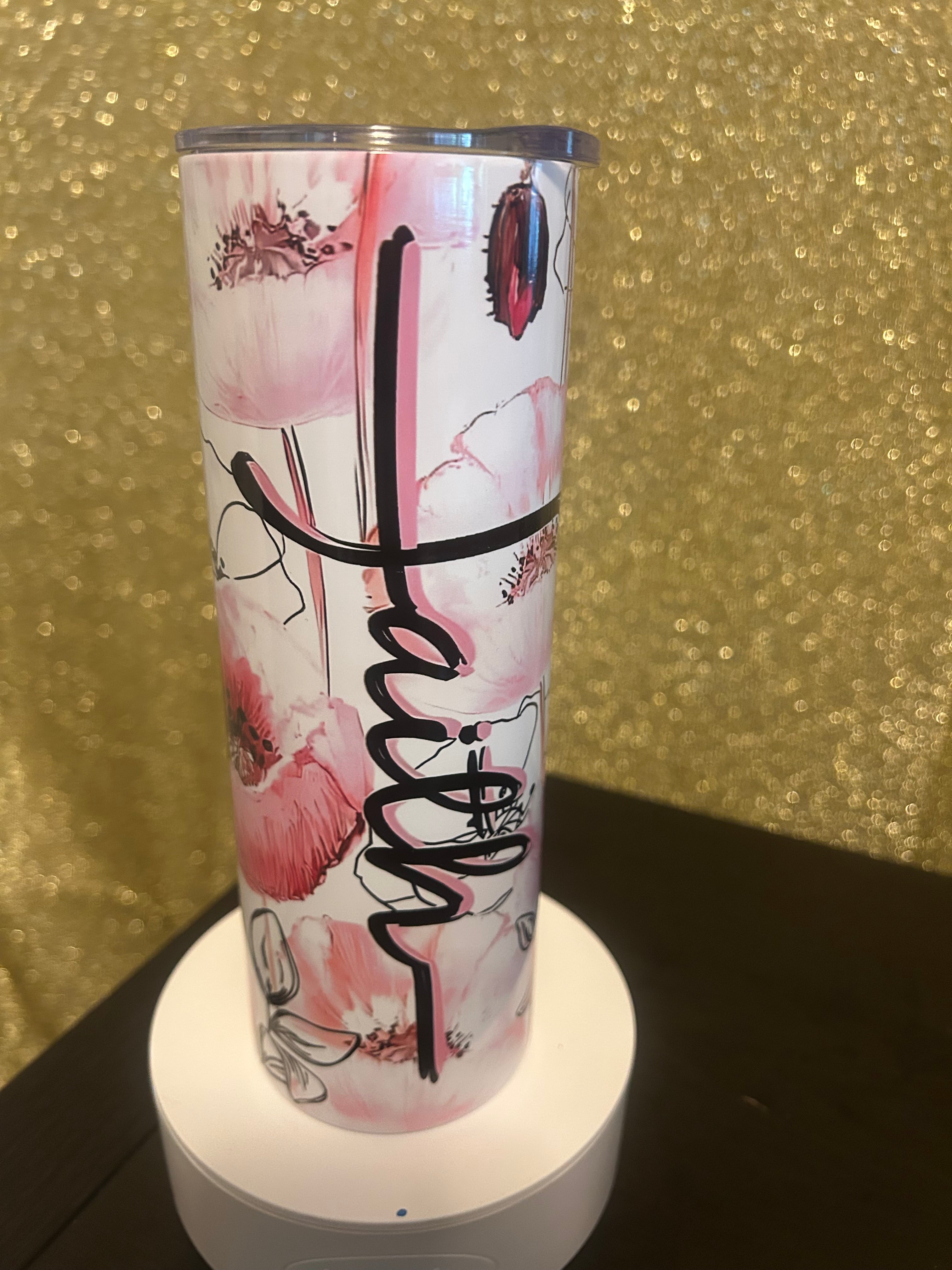 Faith Floral Insulated Tumbler With Lid Plastic White Pink Black Decorated